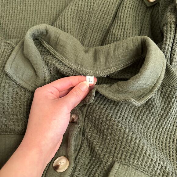 Olive Green‎ Waffle Knit Button-Up Romper Size L Long Sleeve Collared Lounge - Picture 2 of 10